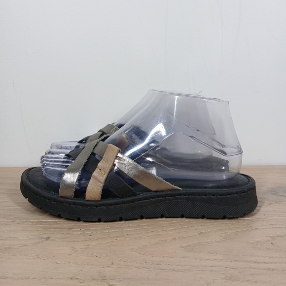Born Shoes - Born Leather Sandals Womens 7/38 Black Silver Tan Multi Strap Comfort Slides